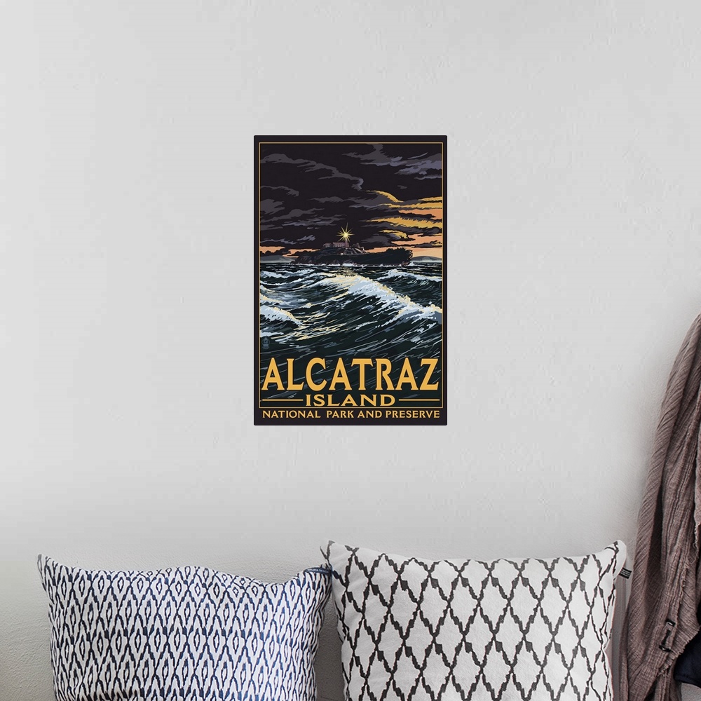 A bohemian room featuring Alcatraz Island Night Scene - San Francisco, CA: Retro Travel Poster