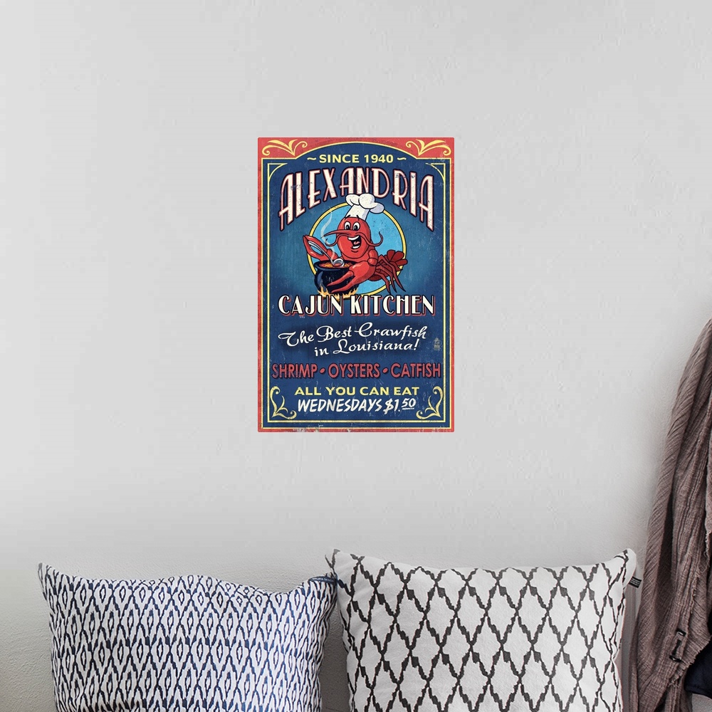 A bohemian room featuring Alexandria, Louisiana, Cajun Kitchen Crawfish, Vintage Sign