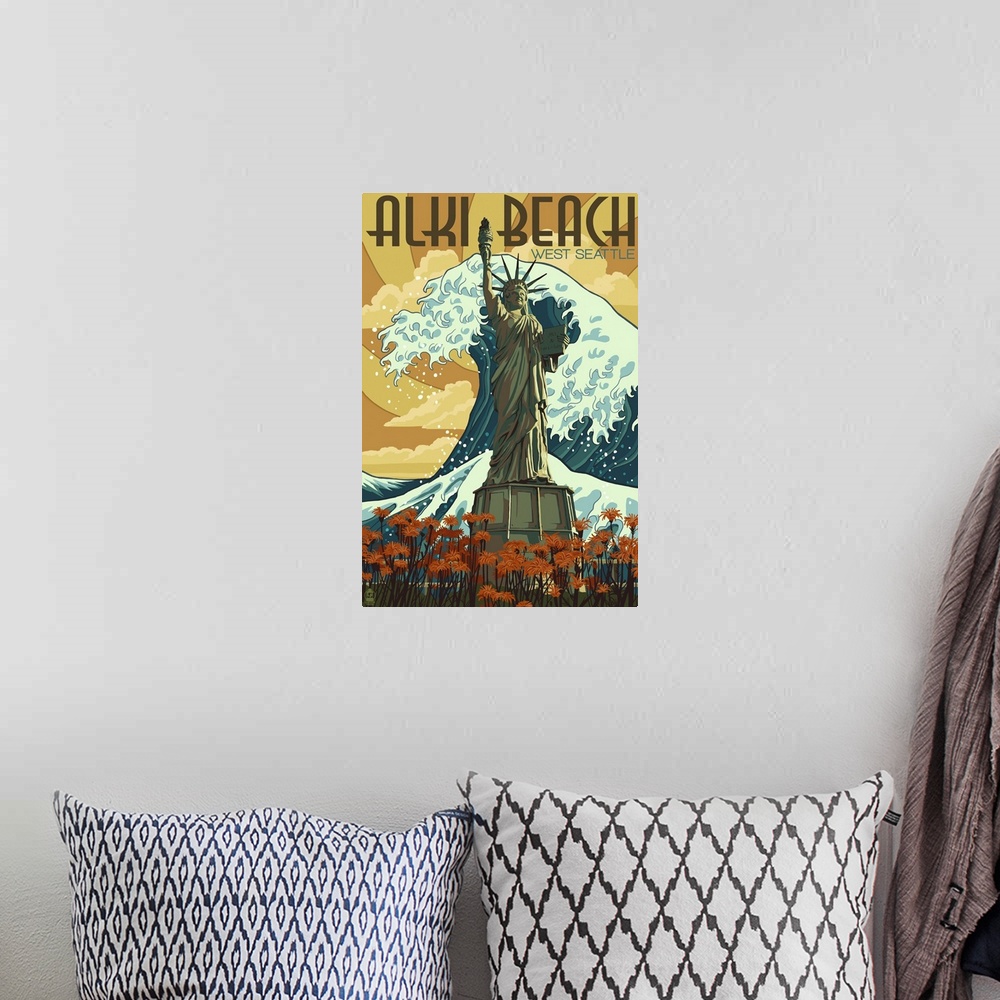 A bohemian room featuring Alki Beach, West Seattle, WA - Lady Liberty Statue: Retro Travel Poster
