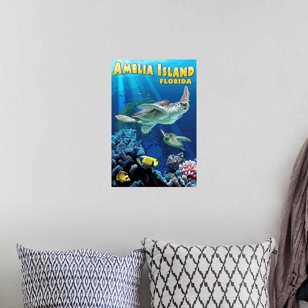 A bohemian room featuring Amelia Island, Florida - Sea Turtle Swimming: Retro Travel Poster