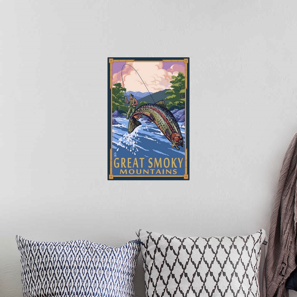 A bohemian room featuring Angler Fly Fishing Scene, Great Smoky Mountains