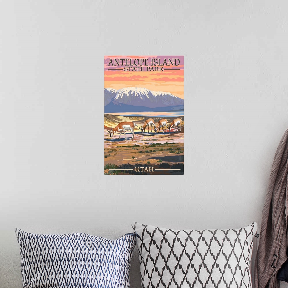 A bohemian room featuring Antelope Island State Park, Utah - Antelope Scene: Retro Travel Poster