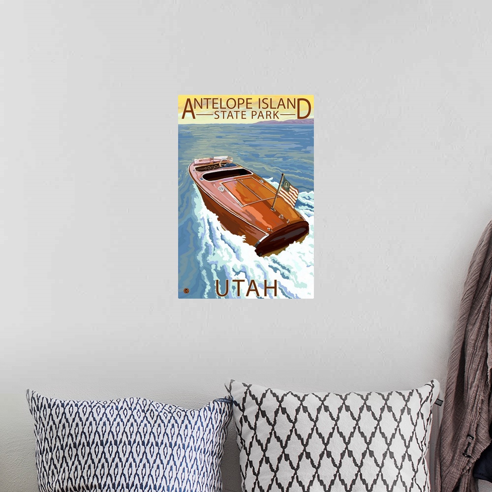 A bohemian room featuring Antelope Island State Park, Utah - Wooden Boat: Retro Travel Poster