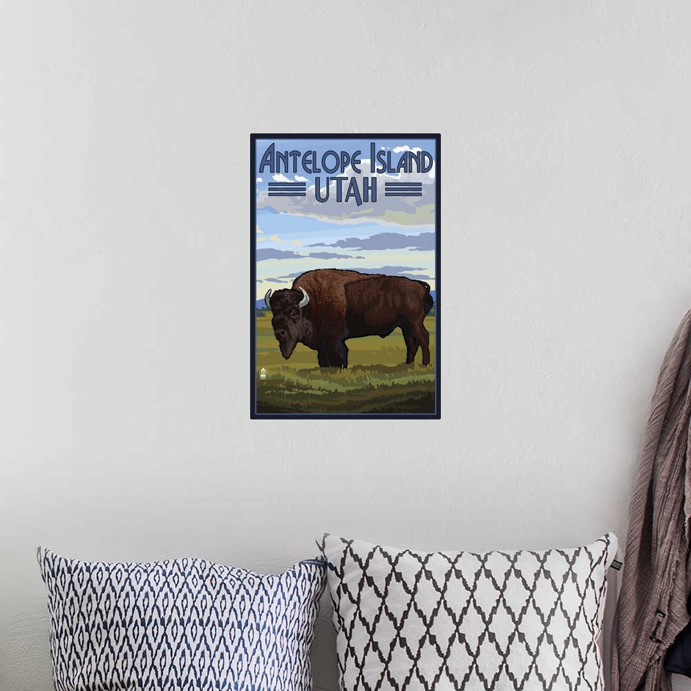A bohemian room featuring Antelope Island, Utah - Bison Scene: Retro Travel Poster