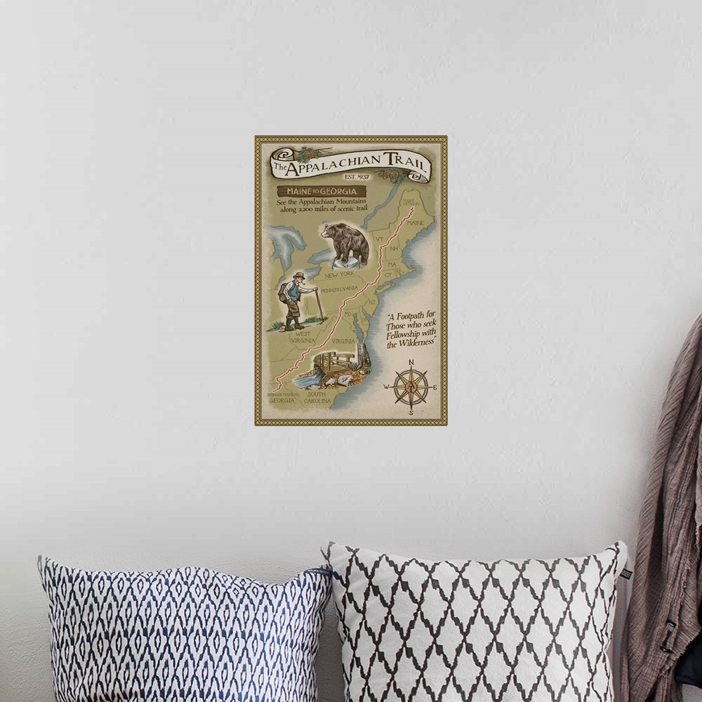 A bohemian room featuring Appalachian Trail Map: Retro Travel Poster