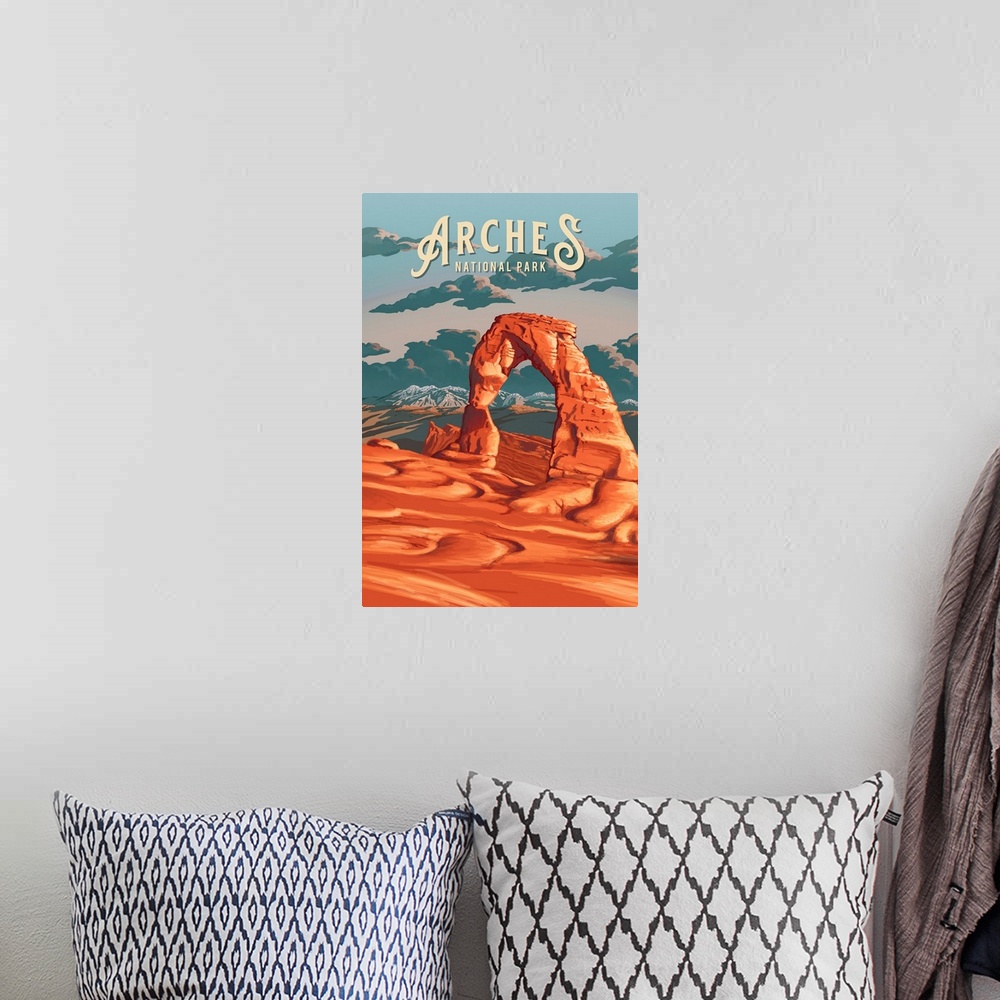 A bohemian room featuring Arches National Park, Delicate Arch: Retro Travel Poster