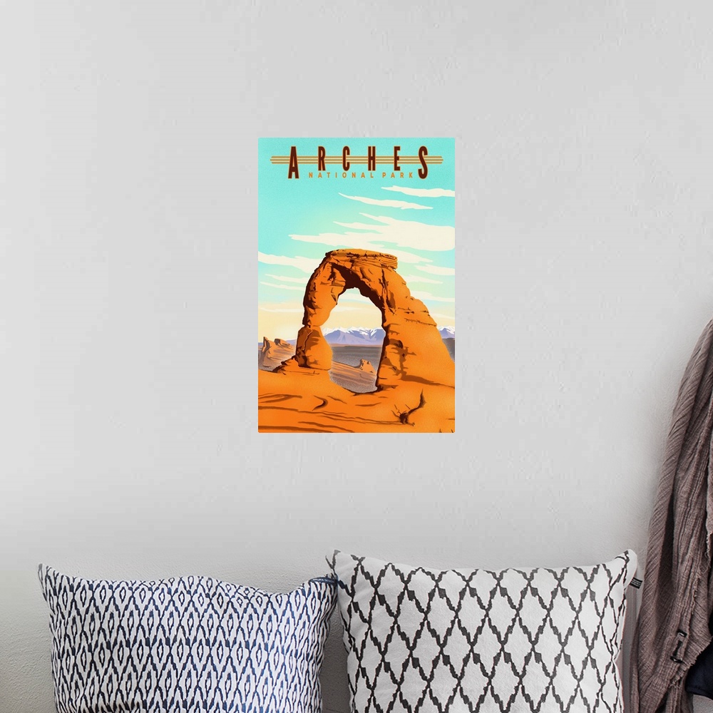 A bohemian room featuring Arches National Park, Delicate Arch: Retro Travel Poster