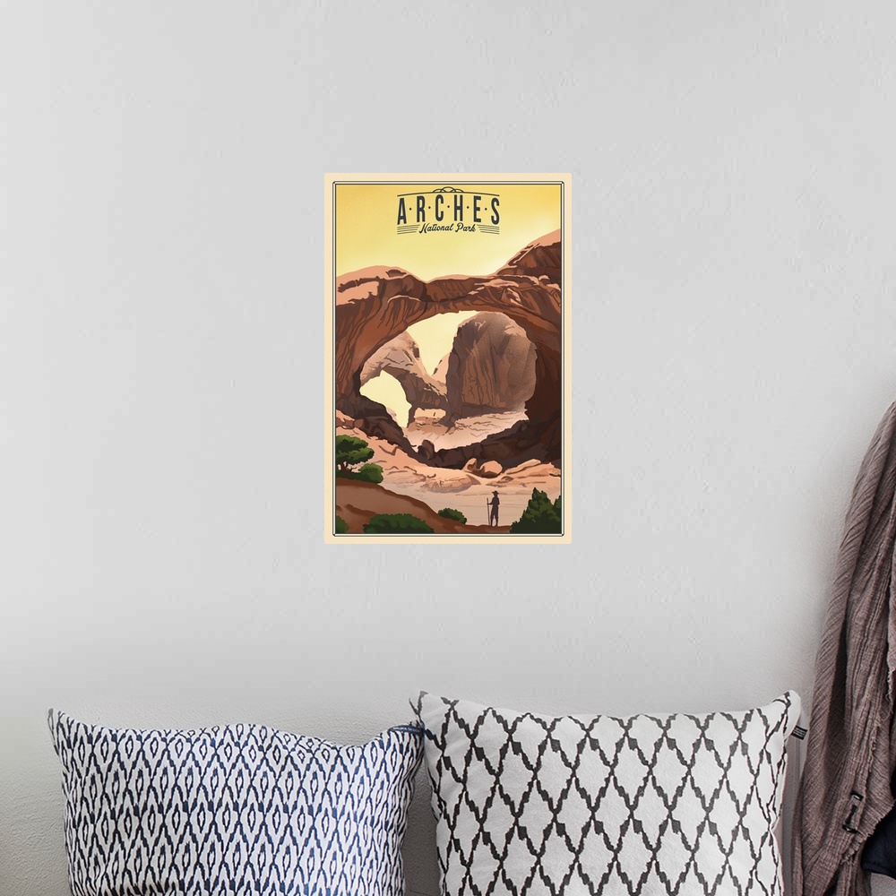 A bohemian room featuring Arches National Park, Double Arch: Retro Travel Poster
