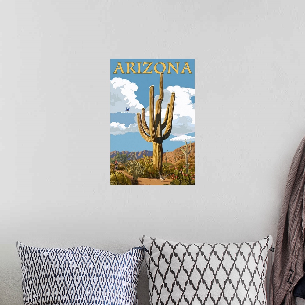 A bohemian room featuring Arizona - Saguaro and Roadrunner: Retro Travel Poster
