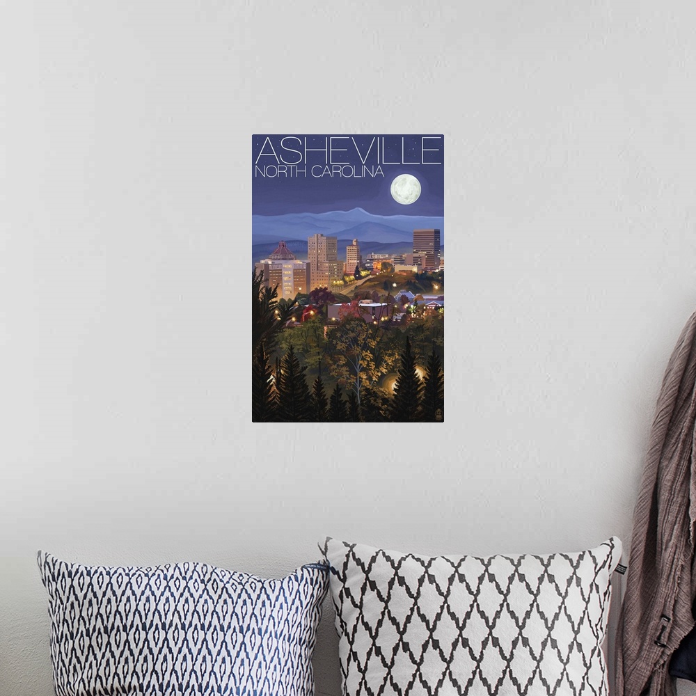 A bohemian room featuring Retro style artwork of the contemporary city skyline under the moonlight with mountain peaks in t...