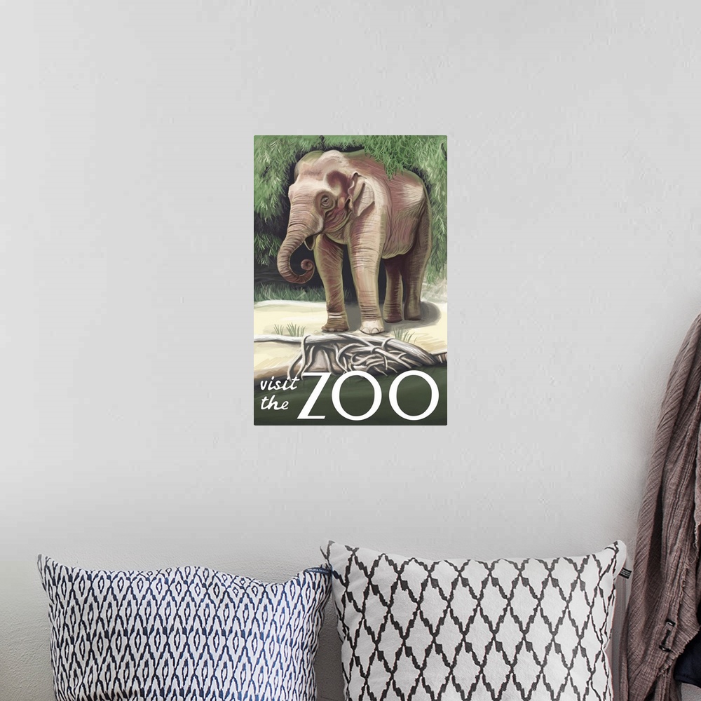 A bohemian room featuring Asian Elephant - Visit the Zoo: Retro Travel Poster