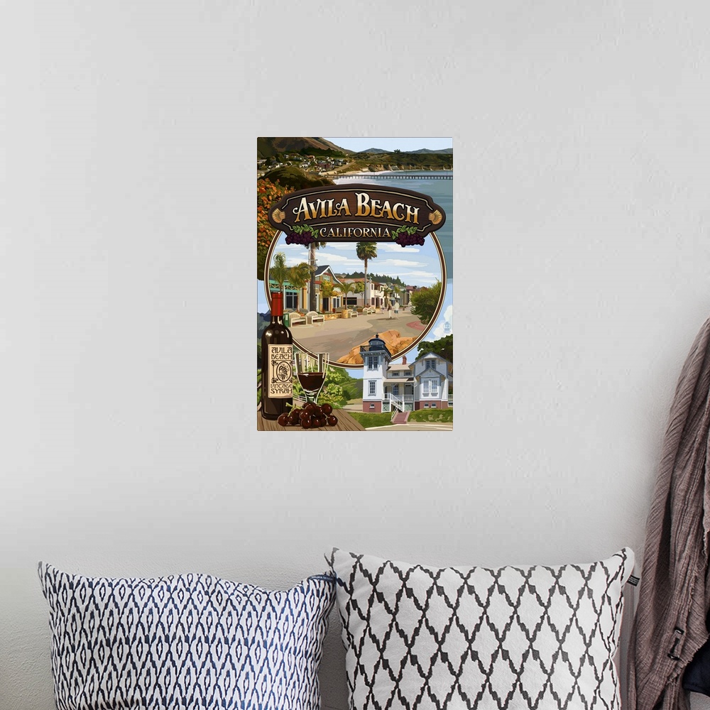 A bohemian room featuring Retro stylized art poster of a montage of images from a coastal town.