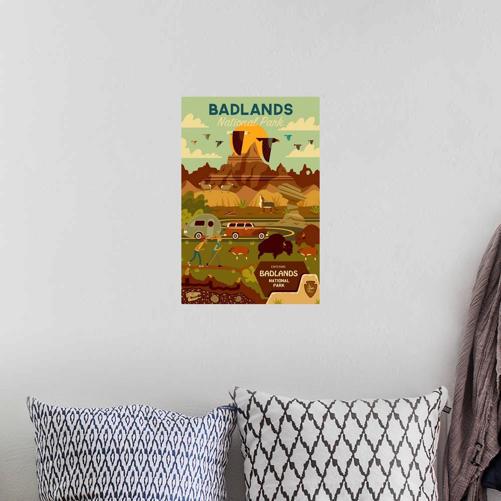 A bohemian room featuring Badlands National Park, Adventure: Graphic Travel Poster