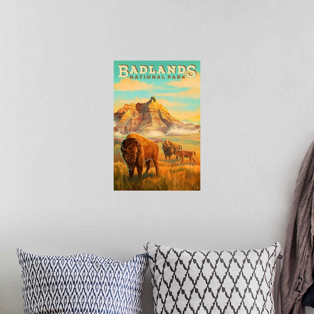 A bohemian room featuring Badlands National Park, Bison Grazing: Retro Travel Poster