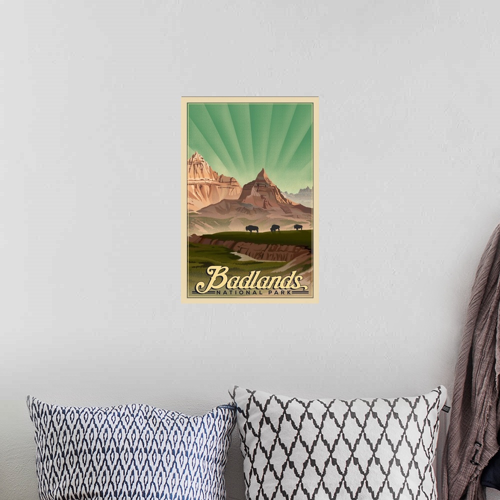 A bohemian room featuring Badlands National Park, Bison Silhouettes And Mountains: Retro Travel Poster