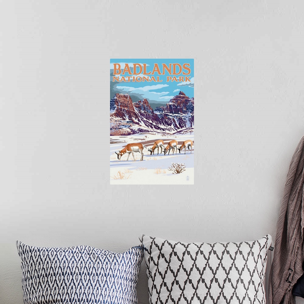 A bohemian room featuring Badlands National Park, South Dakota - Antelope in Winter: Retro Travel Poster