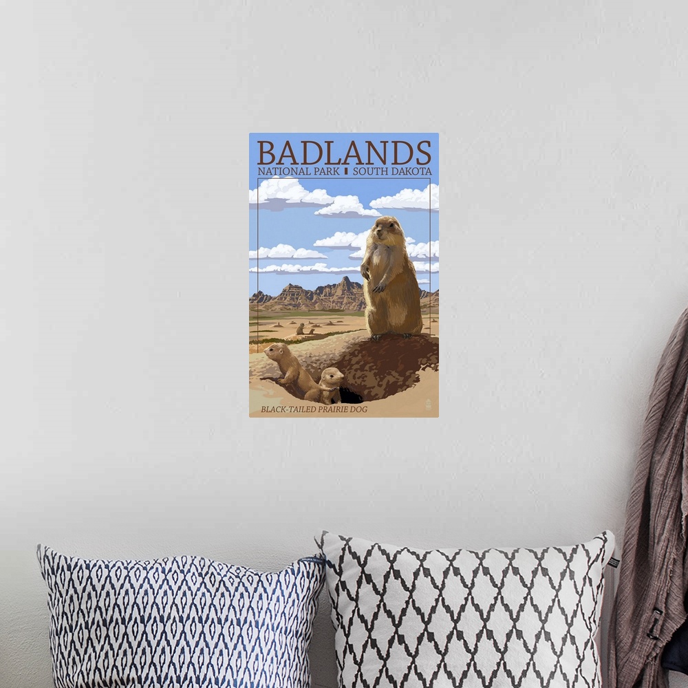 A bohemian room featuring Badlands National Park, South Dakota - Prairie Dogs: Retro Travel Poster