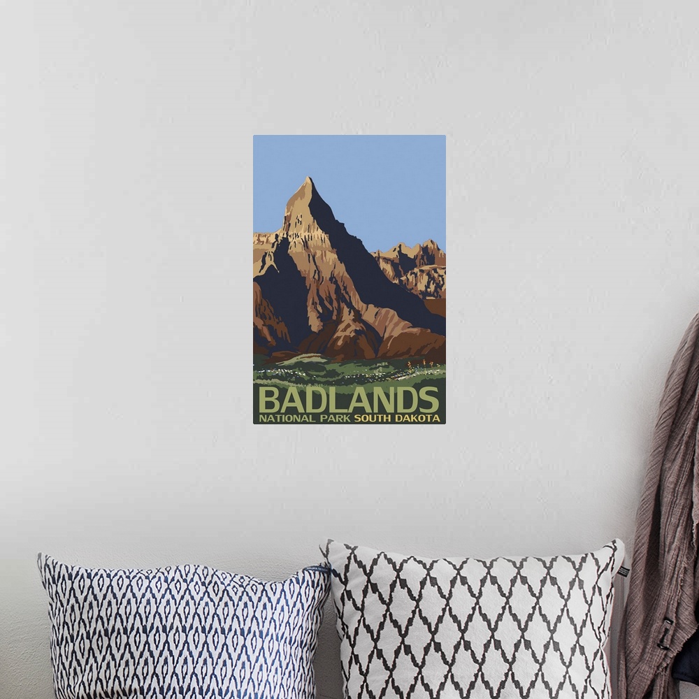 A bohemian room featuring Badlands National Park, South Dakota: Retro Travel Poster