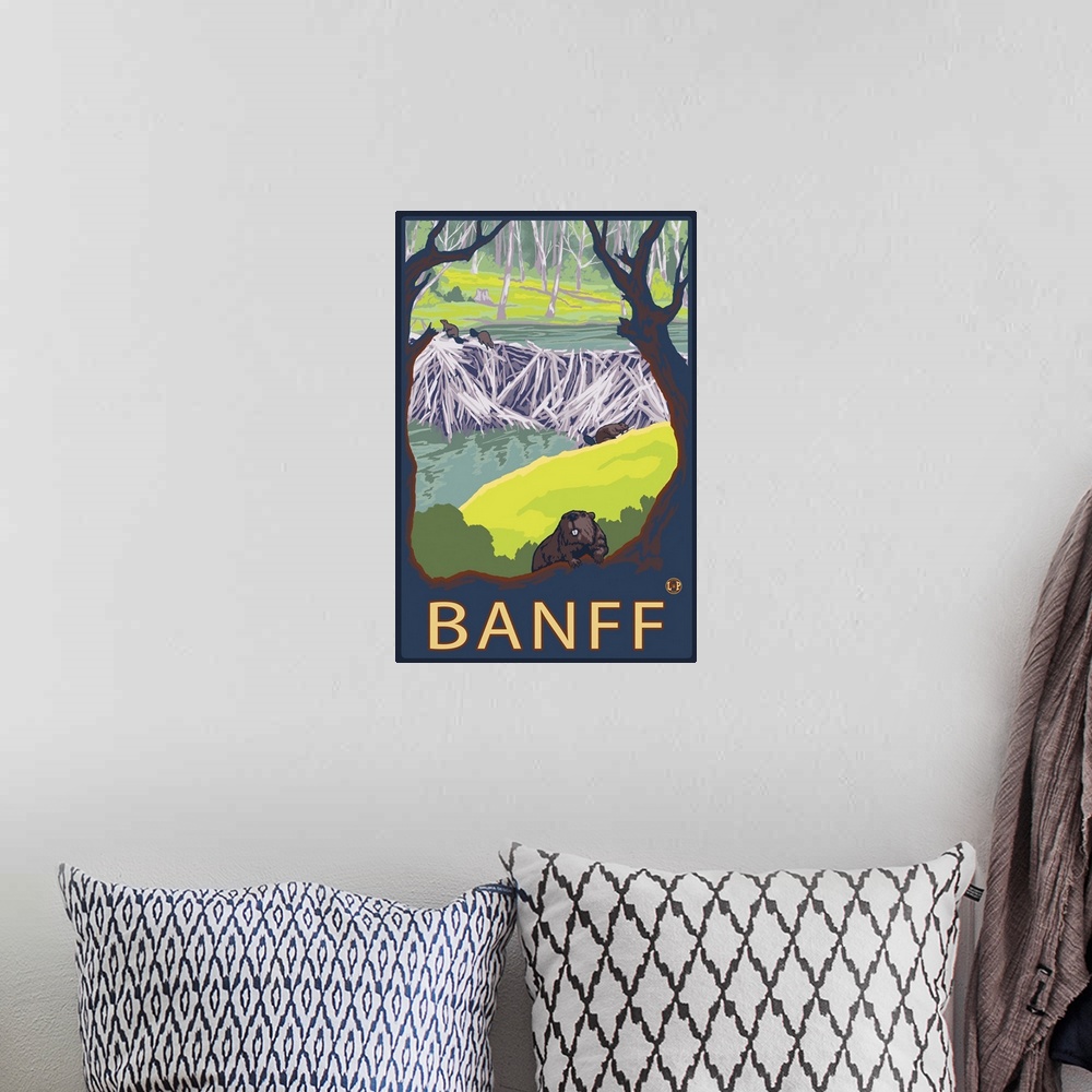 A bohemian room featuring Banff, Canada - Beaver Family: Retro Travel Poster