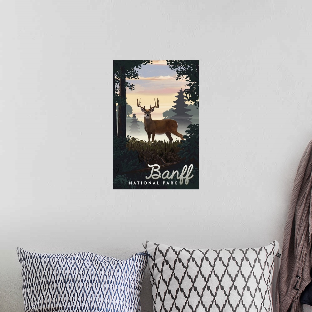A bohemian room featuring Banff National Park, Deer: Retro Travel Poster