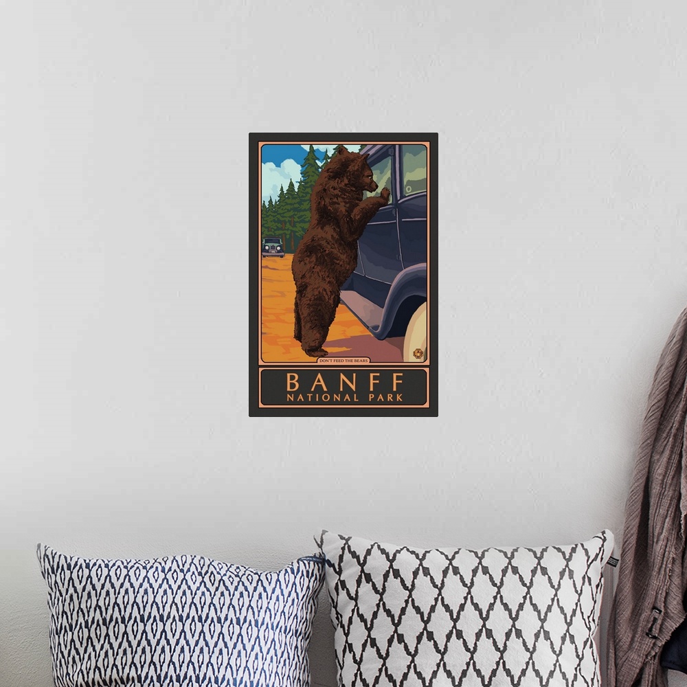 A bohemian room featuring Banff National Park, Don't Feed The Bears: Retro Travel Poster