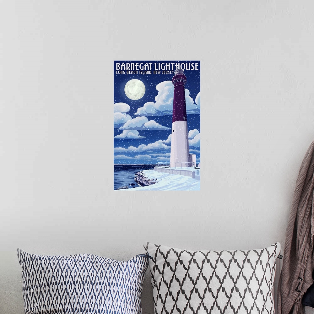 A bohemian room featuring Barnegat Lighthouse - Snow Scene - New Jersey Shore: Retro Travel Poster