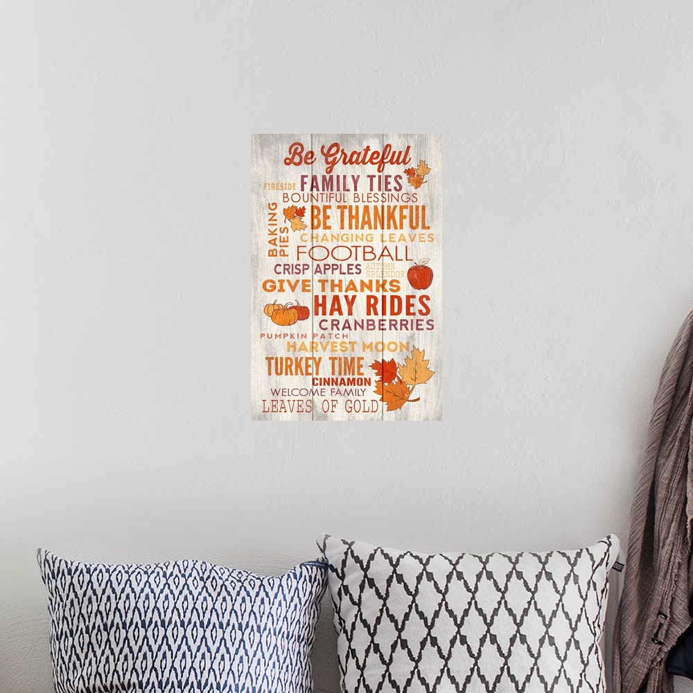 A bohemian room featuring Be Grateful, Thanksgiving Typography