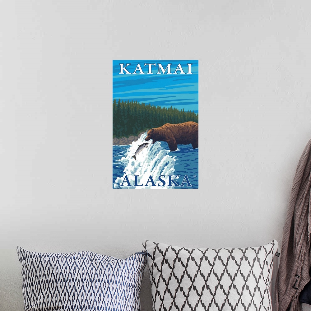 A bohemian room featuring Bear Fishing in River - Katmai, Alaska: Retro Travel Poster