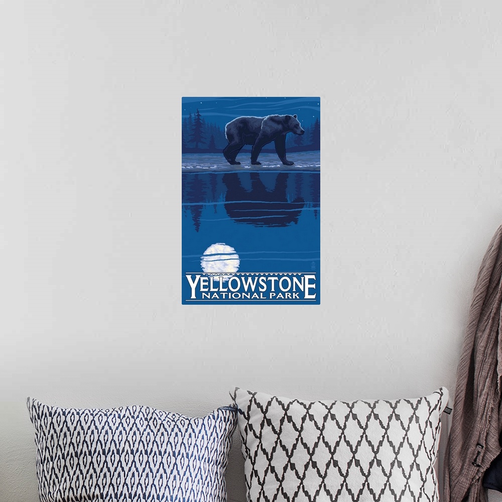 A bohemian room featuring Bear in Moonlight - Yellowstone National Park: Retro Travel Poster