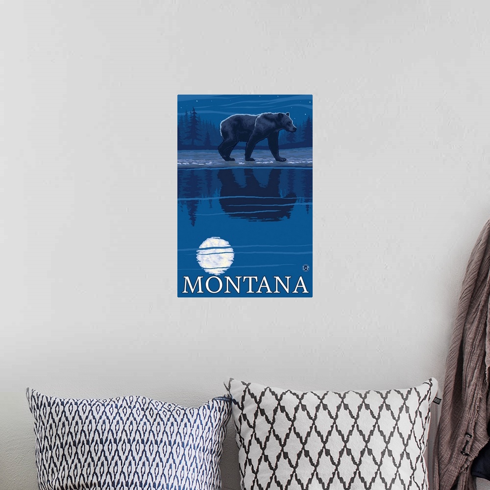 A bohemian room featuring Bear with Moonlight - Montana: Retro Travel Poster