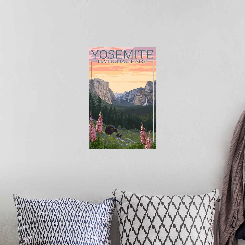 A bohemian room featuring Bears and Spring Flowers - Yosemite National Park, California: Retro Travel Poster