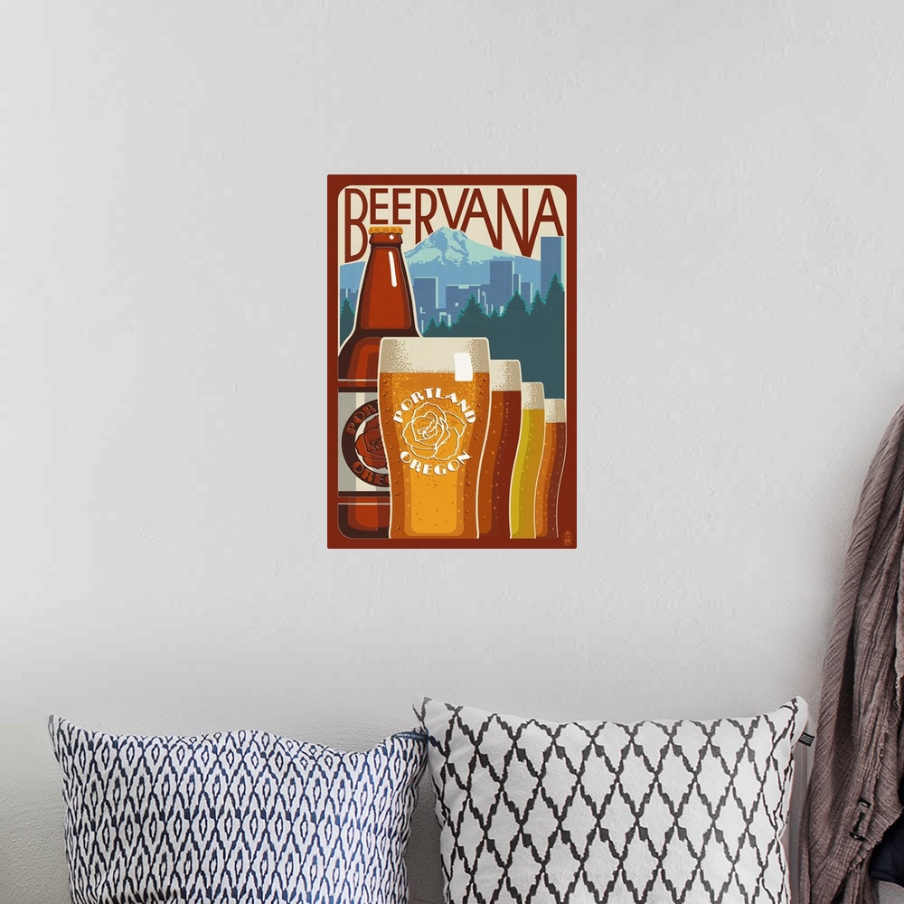 A bohemian room featuring Retro stylized art poster of pint glasses in a row of filled with different types of beer in fron...