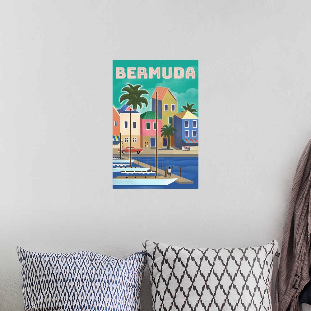 A bohemian room featuring Bermuda - Waterside Dock - Lithograph