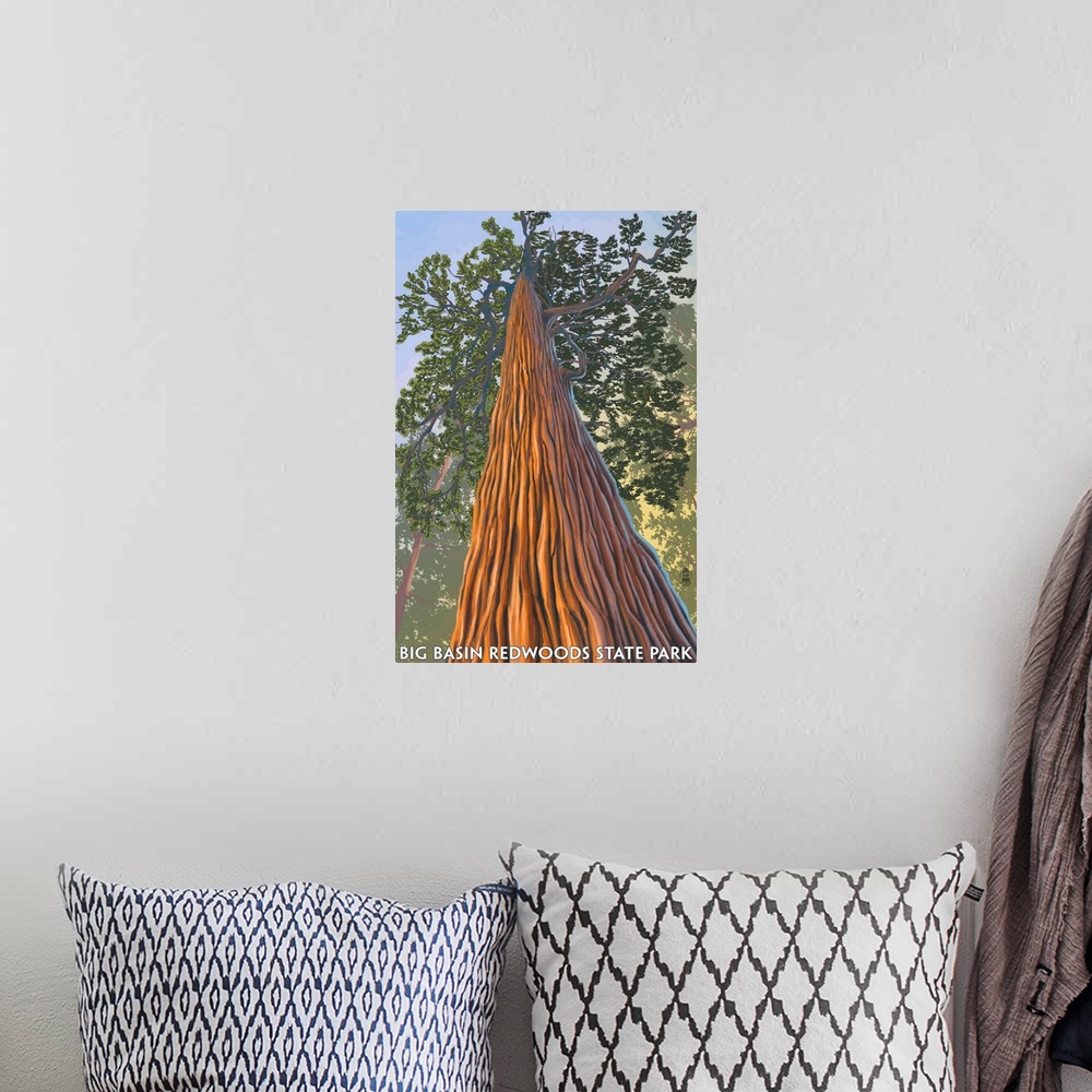 A bohemian room featuring Big Basin Redwoods State Park - Looking up Tree: Retro Travel Poster