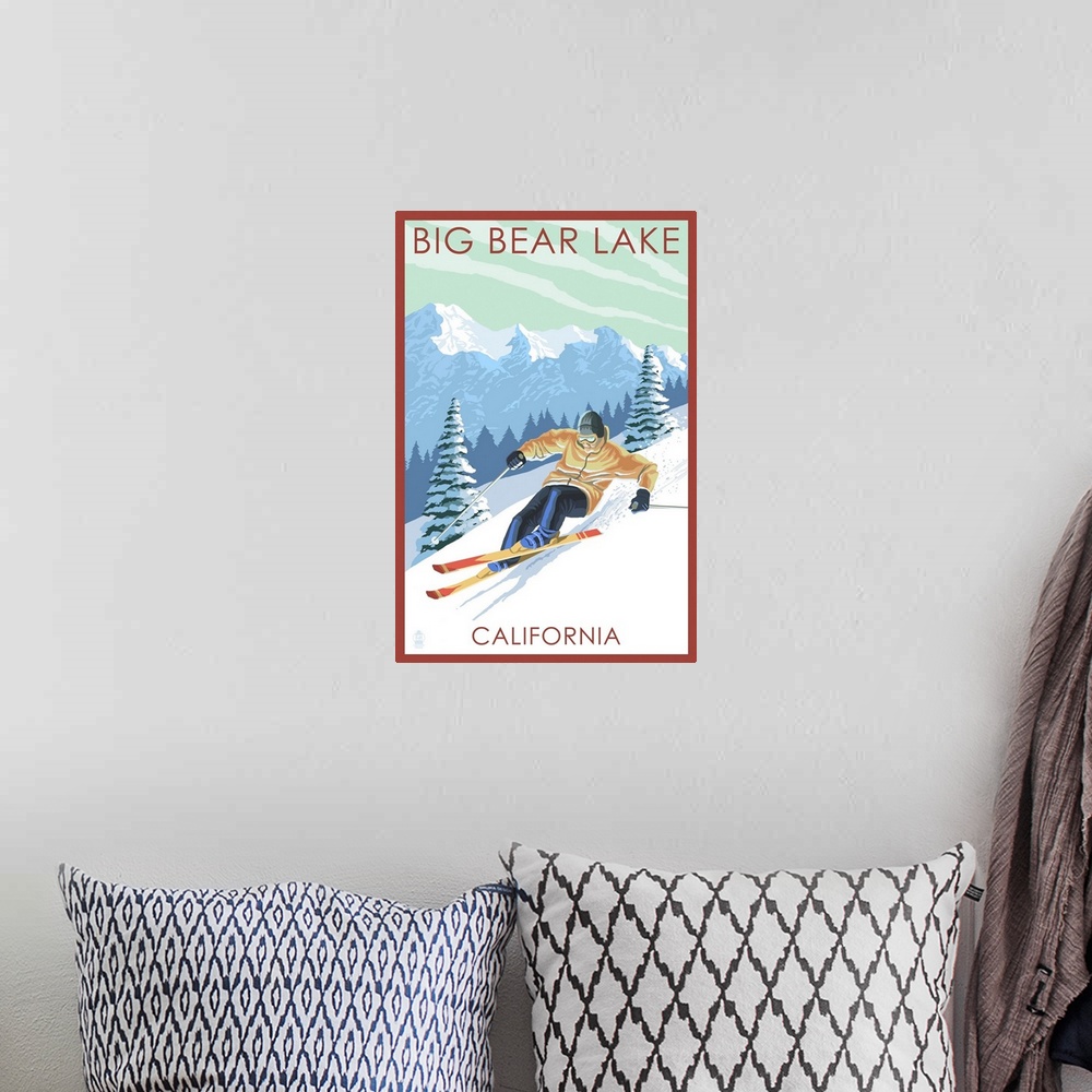 A bohemian room featuring Big Bear Lake - California - Downhill Skier: Retro Travel Poster