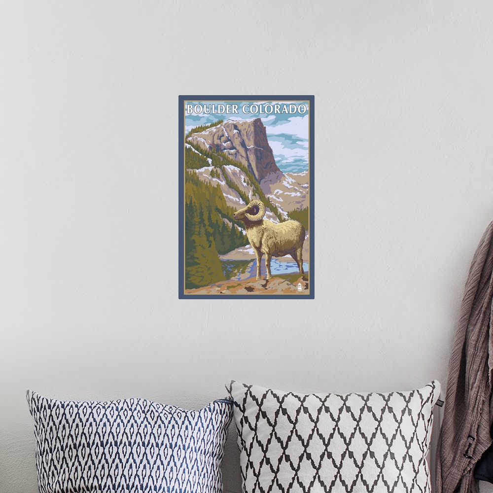 A bohemian room featuring Big Horn Sheep - Boulder, Colorado: Retro Travel Poster