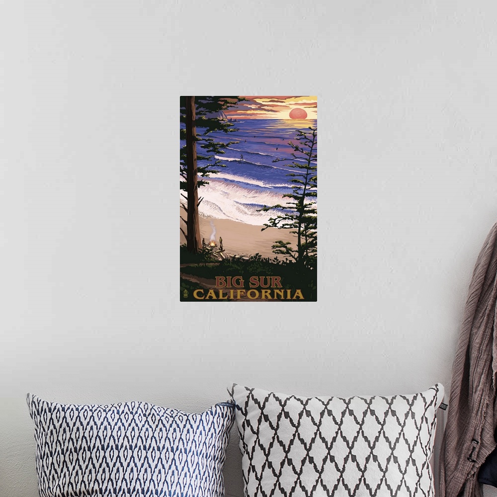 A bohemian room featuring Big Sur, California Surfing and Sunset: Retro Travel Poster