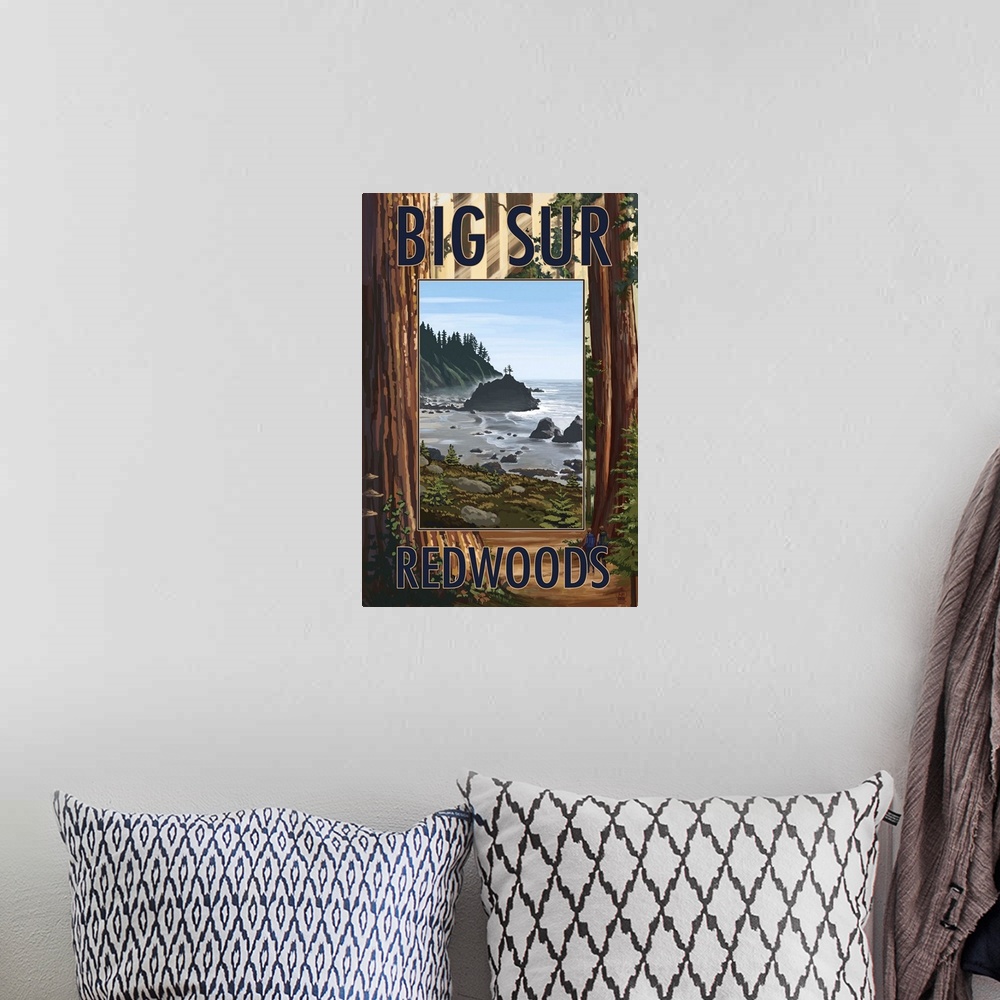 A bohemian room featuring Retro stylized art poster of beach viewed through massive redwood trees.