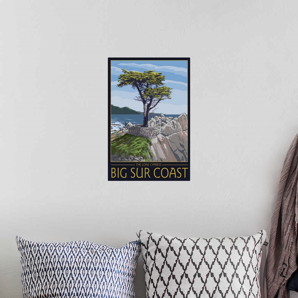 A bohemian room featuring Big Sur Coast, California - Lone Cypress Tree: Retro Travel Poster