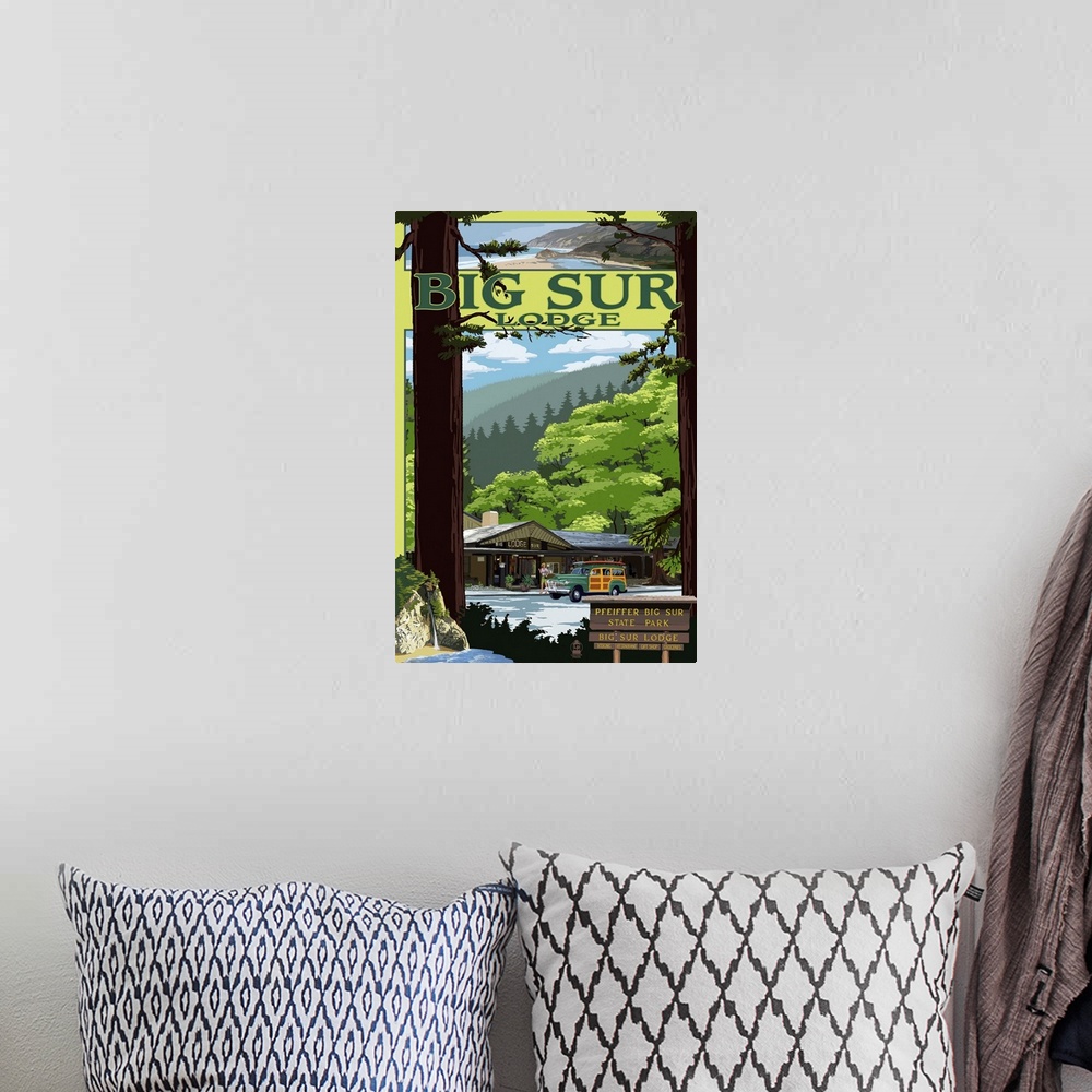 A bohemian room featuring Big Sur Lodge, California: Retro Travel Poster