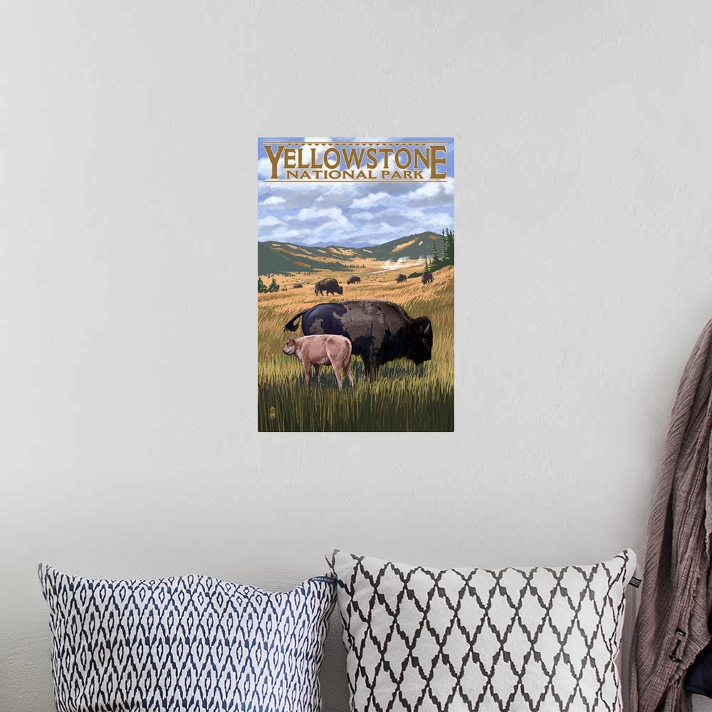 A bohemian room featuring Bison and Calf Grazing, Yellowstone National Park