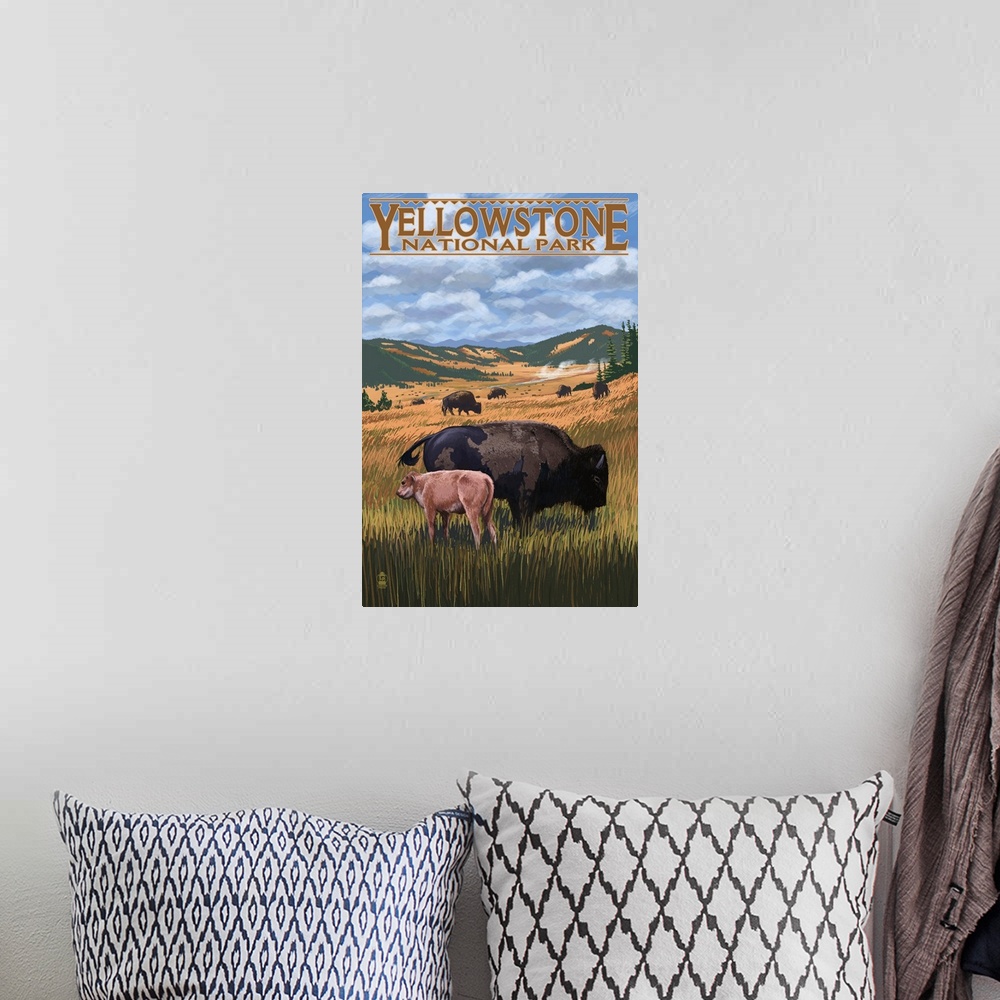 A bohemian room featuring Bison and Calf Grazing - Yellowstone National Park: Retro Travel Poster