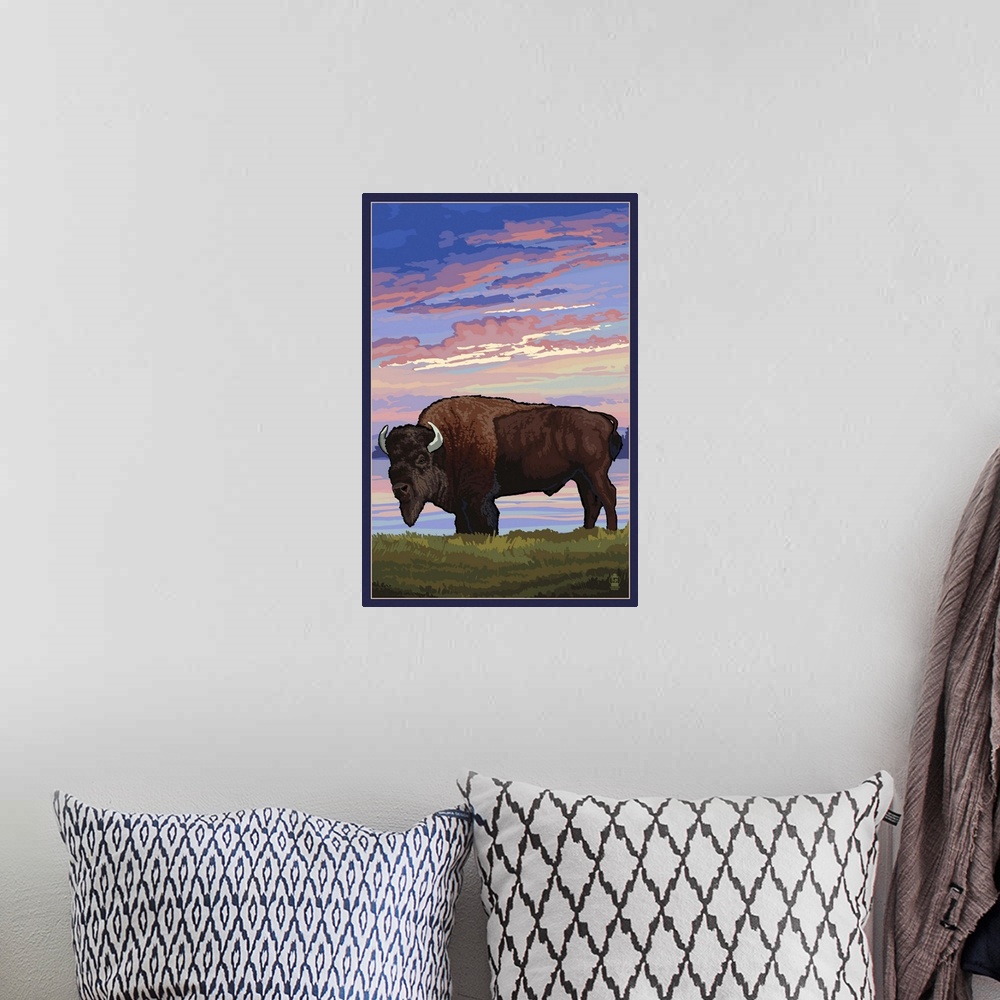 A bohemian room featuring Bison and Sunset: Retro Poster Art