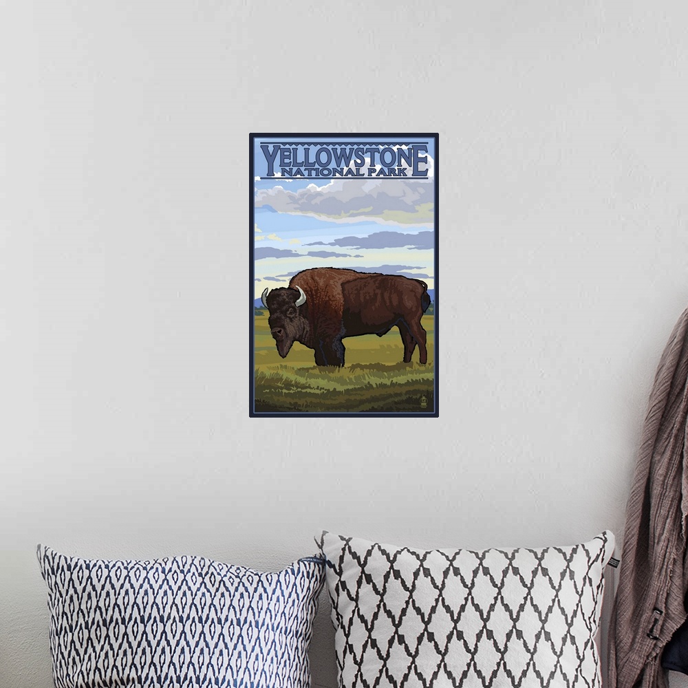 A bohemian room featuring Bison Scene - Yellowstone National Park: Retro Travel Poster