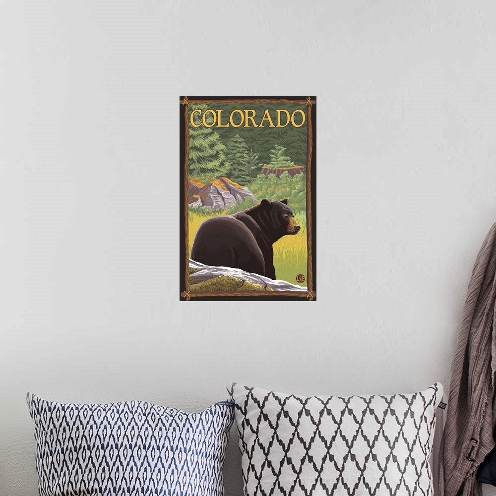 A bohemian room featuring Black Bear in Forest - Colorado: Retro Travel Poster