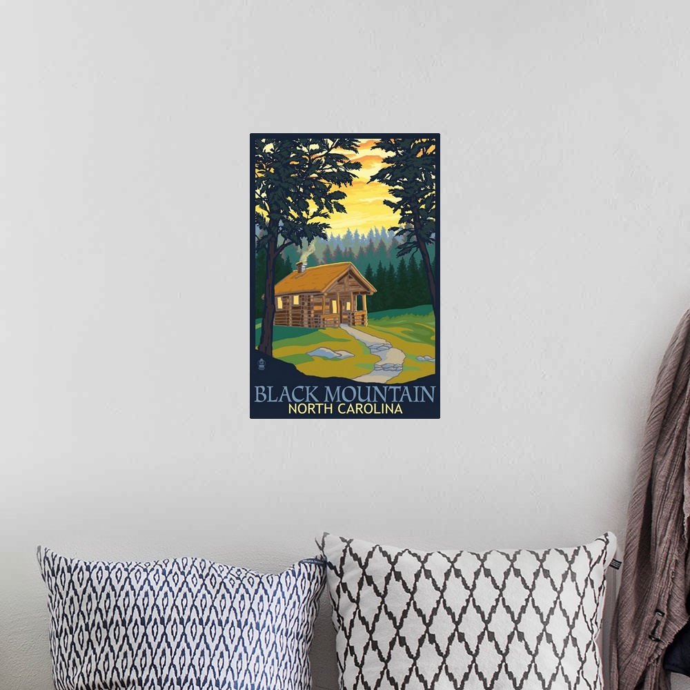 A bohemian room featuring Retro stylized art poster of a cabin with smoke billowing out the chimney, in a forest.
