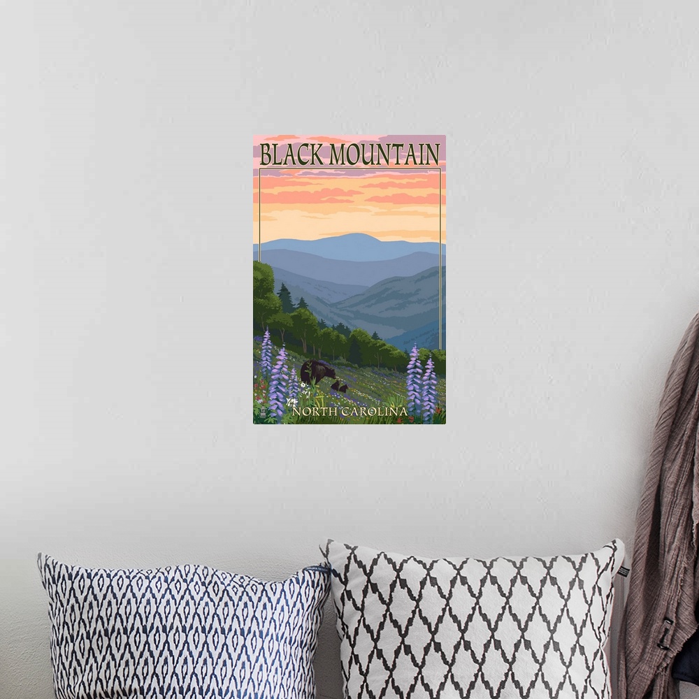 A bohemian room featuring Black Mountain, North Carolina - Spring Flowers and Bear Family: Retro Travel Poster