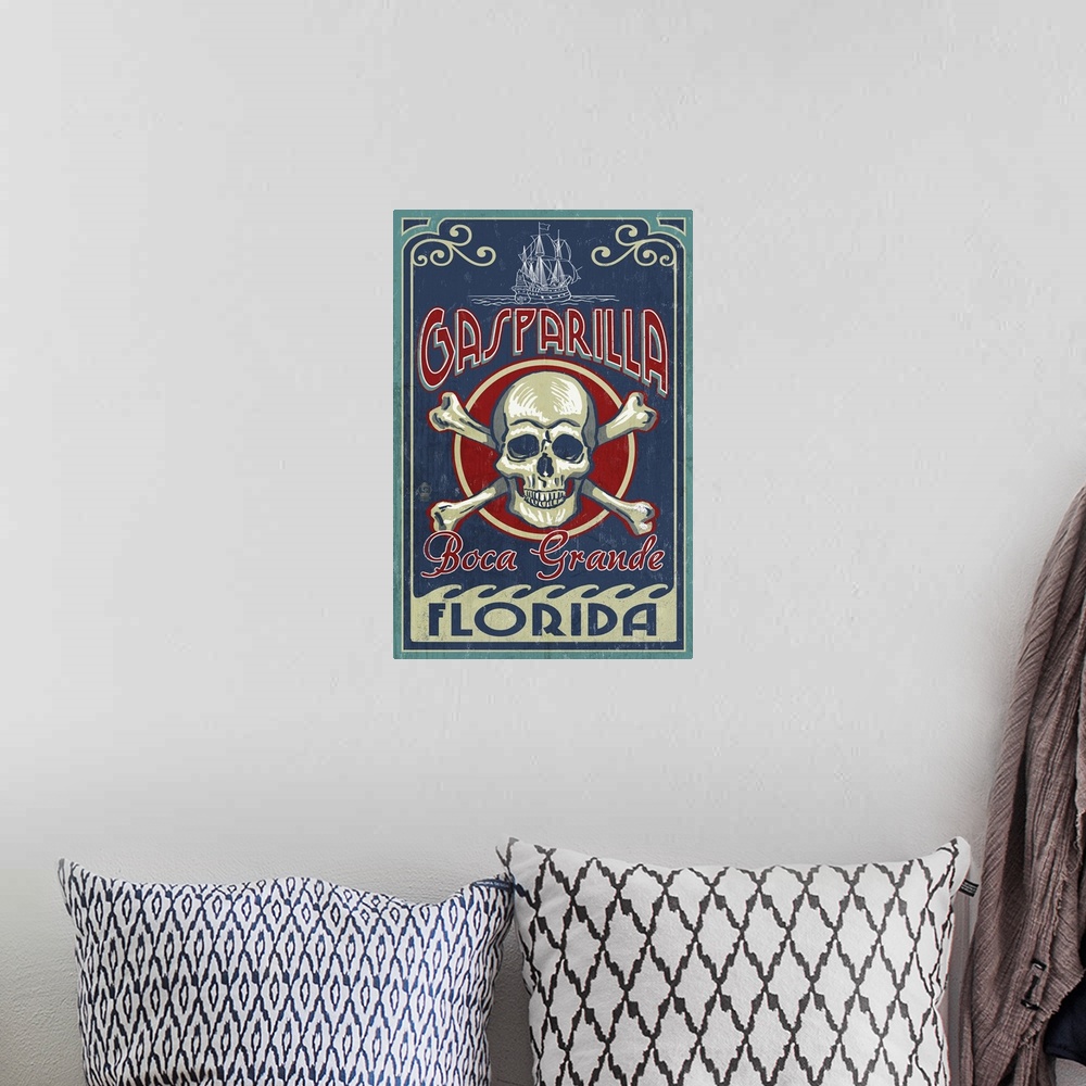 A bohemian room featuring Boca Grande, Florida - Gasparilla Skull and Crossbones: Retro Travel Poster