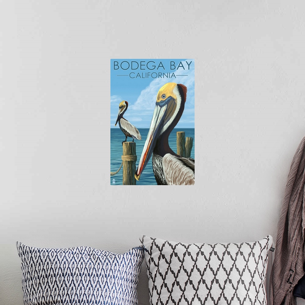 A bohemian room featuring Bodega Bay, California - Brown Pellican: Retro Travel Poster
