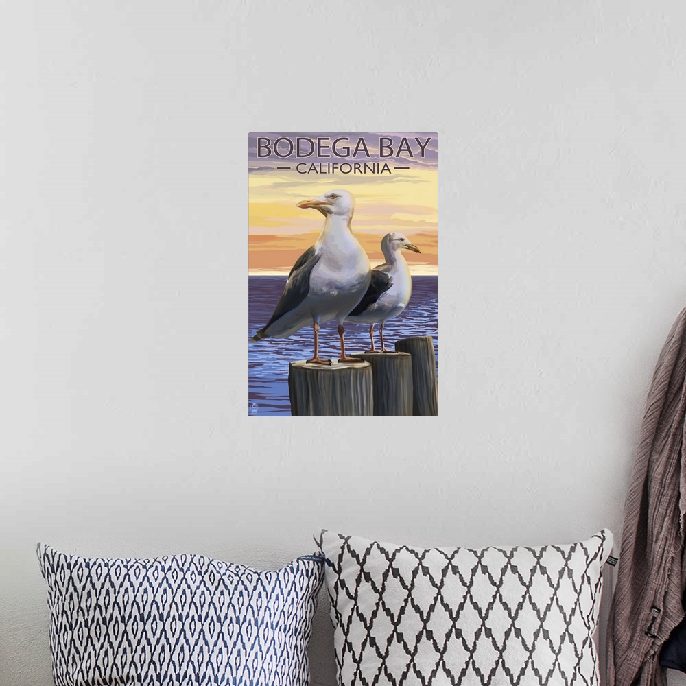 A bohemian room featuring Bodega Bay, California - Seagull: Retro Travel Poster